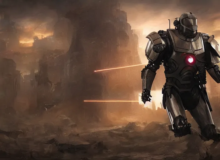 Prompt: medieval cyberpunk knight running in a scenic cyberpunk environment, armor inspired by star wars and iron man, cybernetic implants, beautiful digital art, epic lighting, epic composition, sharp focus