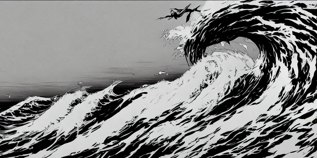 Image similar to the wave off kanagawa, in yoji shinkawa's art style, metal gear solid art style, highly detailed, 4 k, artistic, white background, b & w