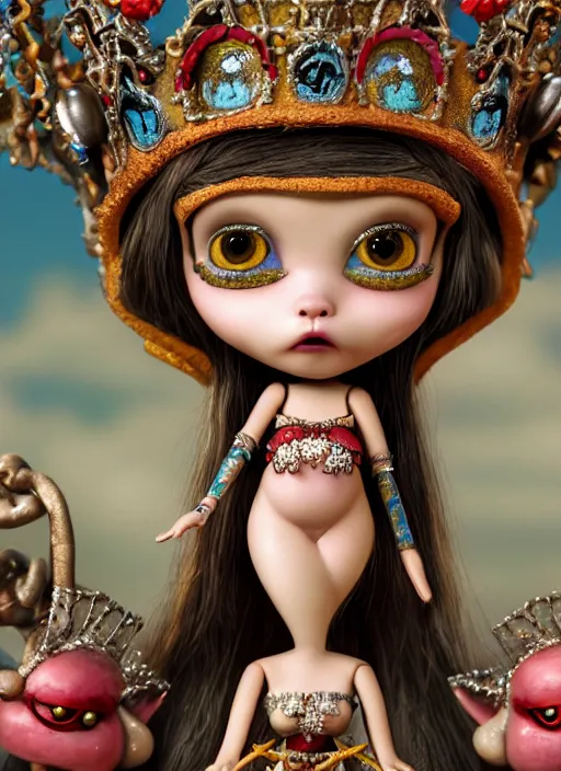 Image similar to highly detailed closeup, profile portrait of a tin toy goth fairytale princess wearing a crown, bikini, unreal engine, nicoletta ceccoli, mark ryden, earl norem, lostfish, global illumination, detailed and intricate environment