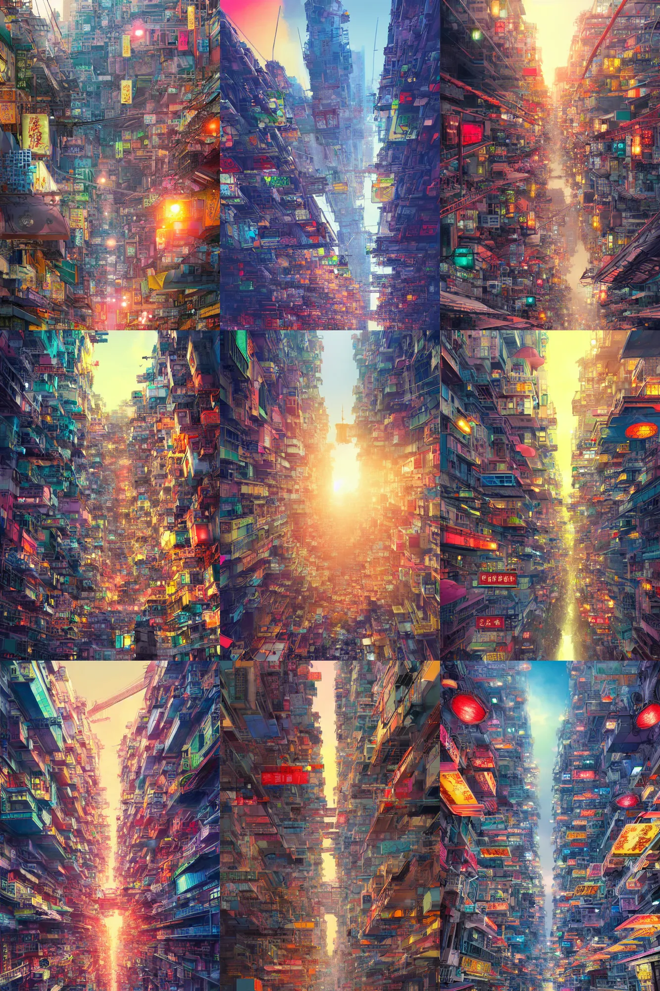 Prompt: colorful futuristic hongkong, lots of building, lots of bridges, lots of chinese character signs, people on the ground, by yoshitaka amano, ultra detailed, sunset light, digital art, concept art, illustration