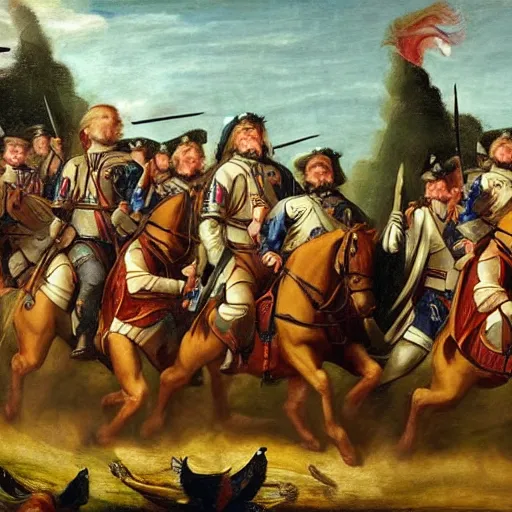 Image similar to found footage of general boris johnson leading his men into battle, glorified image, 8k, oil painting, renaissance style, fibbonacci layout