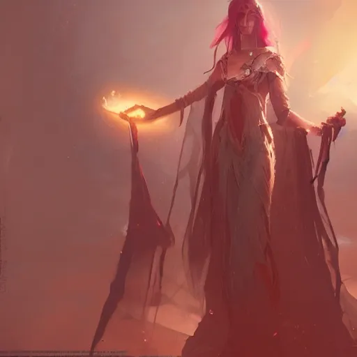 Image similar to high fantasy sorceress designed by Greg rutkowski, concept art, fantasy, 4k, CG render