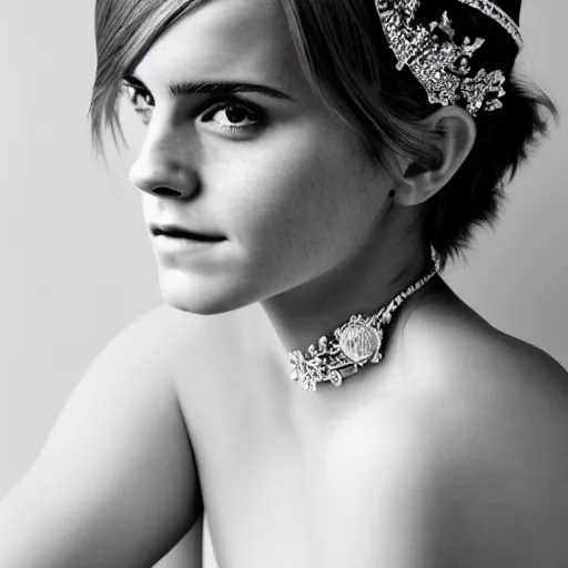 Prompt: emma watson with jewellary crown queen, sensual, beautiful soft light failling on her face, studio photography, nikon 3 5 mm portrait photography, ultra realistic