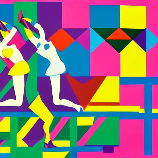 Prompt: stylish 1960s pop art by Evelyne Axell, luscious dancers in silhouette with bold geometric patterns