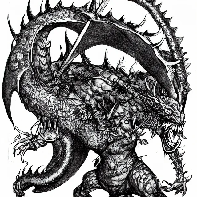 Prompt: Ink drawing of a half-dragon goblin in the style of the AD&D monster manual detailed HD 8k High Resolution