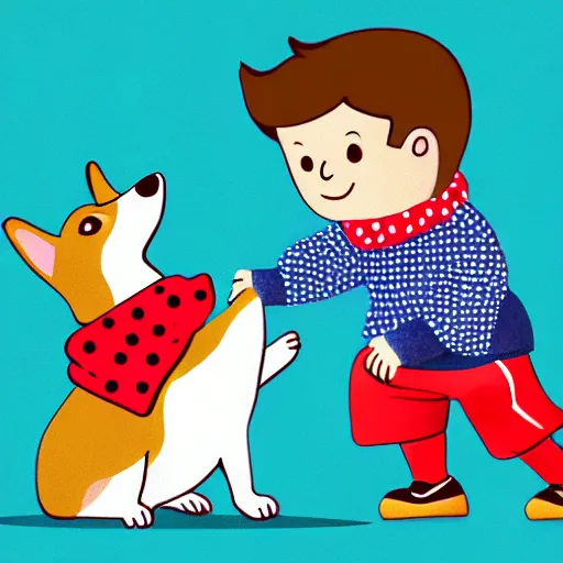 Image similar to illustration of french boy playing football with a corgi who is wearing a polka dot scarf