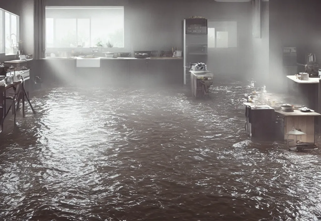 Prompt: kodak portra 4 0 0 photographic and realistic, 7 0's kitchen, detailed, octane render, unreal engine, 4 k, artstation, hyper realistic, wide angle, floor flooded, how a river, objects that float, 3 5 mm, sharp focus, soft light, volumetric light fog, in the style of gregory crewdson