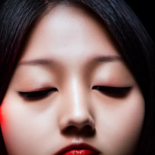 Image similar to a close up shot of a young woman holding her face which is illuminated by red light by kang, hyung koo, callas sigma 8 5 mm f / 1. 4.