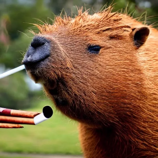 Image similar to a high detail photo of an antropomorphic capybara wearing a suit smoking a cigarrette, subject= duck, subject detail: wearing a suit, subject action: smoking a cigarrette photorealism