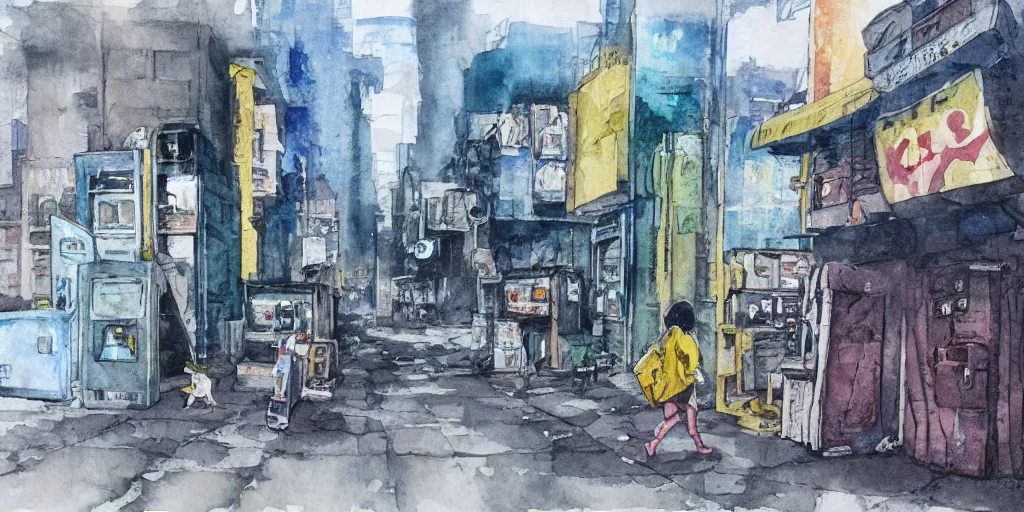 Image similar to deserted dusty junk town, a girl with a parka and a yellow parasol is running, broken vending machines, scene from the movie Ghost in the shell, watercolor watercolor