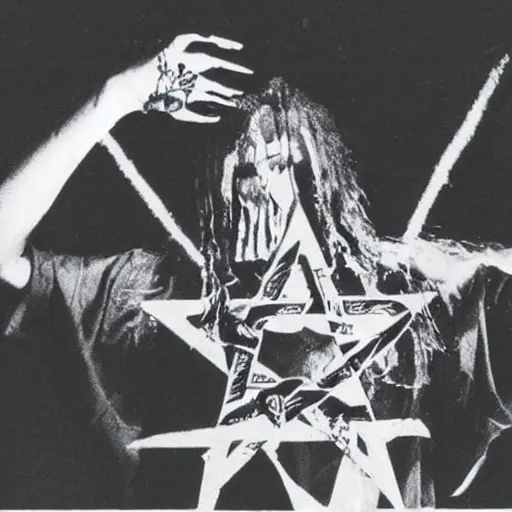 Image similar to a nu-metal musician using a pentagram to conjure the lord of metal music. Horror film production photo from the 1990s.