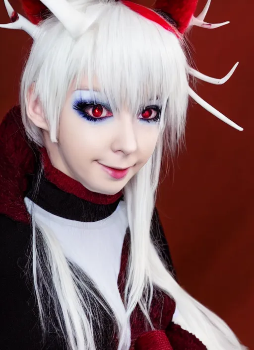 Image similar to white haired anime girl with horns, red eyes, cute