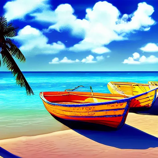 Image similar to tropical beach, afternoon, clouds, boats, glistening ocean, digital art