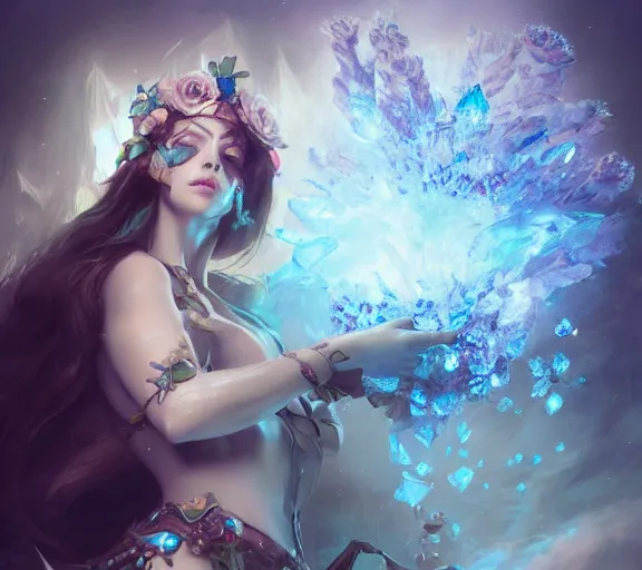 Image similar to beautiful girl necromancer covered with crystals exploding ice, 3 d render, hyper realistic detailed portrait, holding magic flowers, ruan jia, wlop. scifi, fantasy, hyper detailed, octane render, concept art, peter mohrbacher