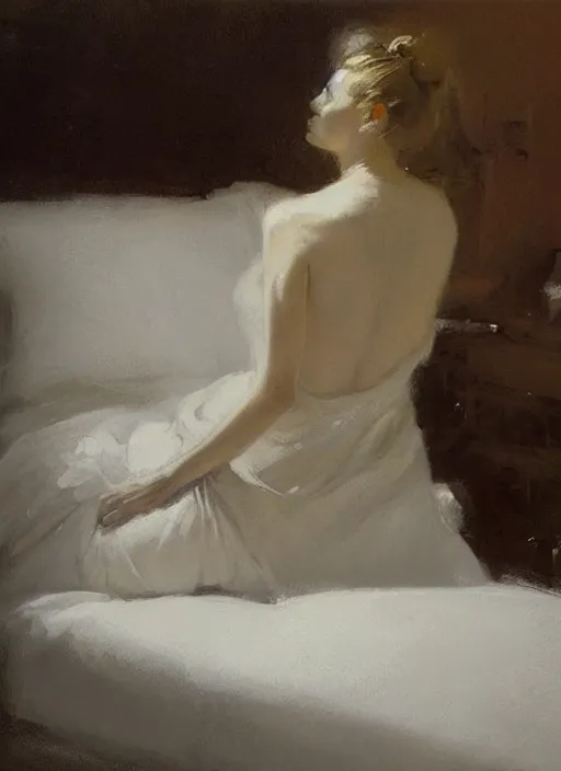 Image similar to portrait painting of a woman posing in an artistic over a bed, white satin sheets by jeremy mann, only one head single portrait