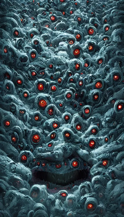 Image similar to a storm vortex made of many demonic eyes and teeth, by filip hodas