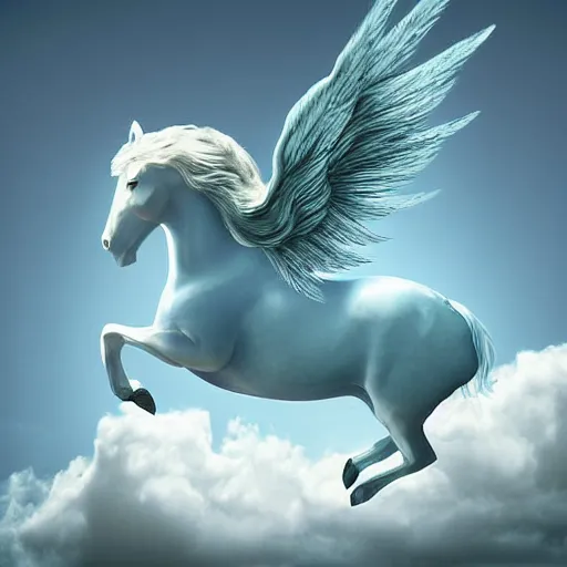 Prompt: a light blue horse with wings standing on a cloud, backlit by sun, digital art