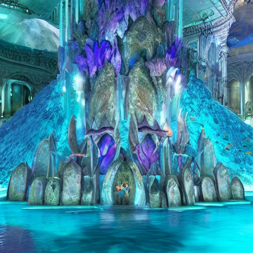 Prompt: a photograph of an underwater cathedral at the bottom of the ocean surrounded by mermaids, by david lachapelle, photorealistic, octane render, unreal engine, 4 k, smooth lighting, subaquatic photography,