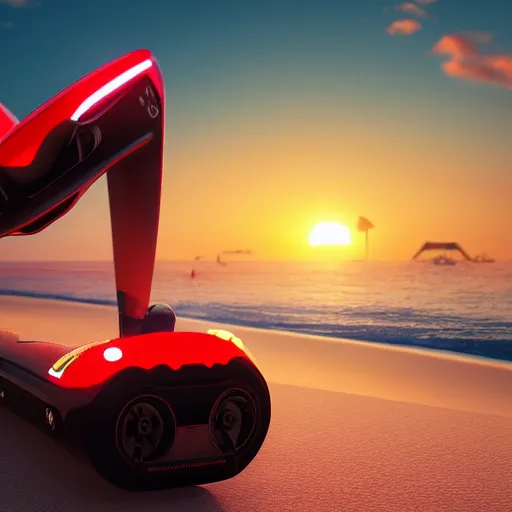 Prompt: concpet art featuring a futuristic ferrari themed hoverboard sitting at the beach during sunset. fine detail. surf. this 4 k hd image is trending on artstation, featured on behance, well - rendered, extra crisp, features intricate detail, epic composition and the style of unreal engine.