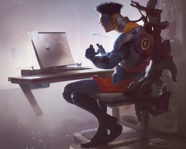 Image similar to an insanely detailed painting of a nerdy asian man wearing a superhero costume, sitting at a desk, staring at the nervously at the computer and typing, in the style of peter mohrbacher, dramatic lighting and composition, octane render, pixar, trending on artstation, concept art, comic book, view from behind