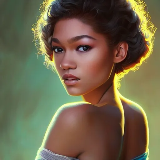 Prompt: a beautiful scenic painting of a beautiful young woman that looks like zendaya by artgerm and wlop and wes anderson and spike jonze