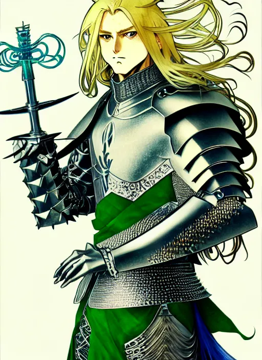 Prompt: a detailed manga full body portrait illustration of a man with long blonde hair and blue eyes wearing evil green spiked armour by hirohiko araki and alphonse mucha, detailed artwork, realism, 4 k resolution, detailed, high quality, sharp focus, hq artwork, insane detail, volumetric lighting, character concept art, fine details, clear subject, central subject