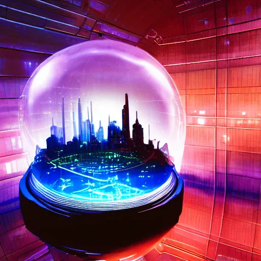 Prompt: cyberpunk city, spacecrafts, glass dome in space, galaxy, stars, hyperrealistic, award winning, futuristic, photography, light diffusion, lake, blue, glass, extremely wide angle