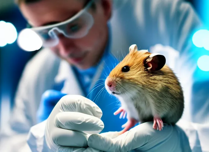 Image similar to film still of a hamster working in a research lab finding the cure for cancer, 8 k