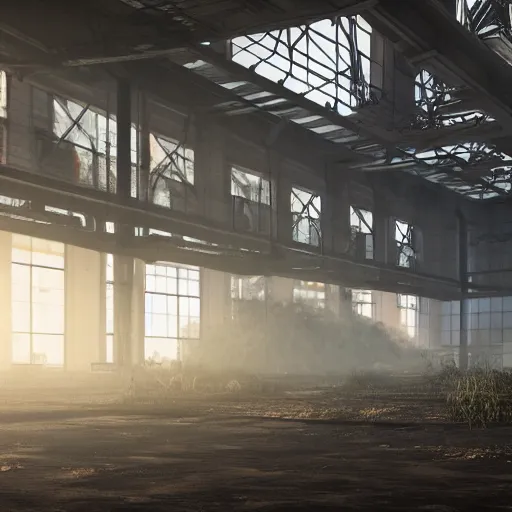 Prompt: abandoned industrial factory interior, volumetric light scattering, digital art, trending on artstation