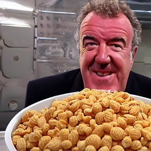 Prompt: jeremy clarkson looks at a giant bowl of cereal