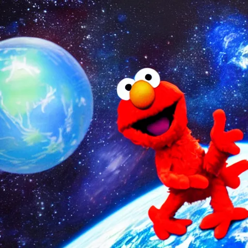 Image similar to Elmo playing gutair in space, hyper realistic, HD, HQ, photorealism, photo realistic