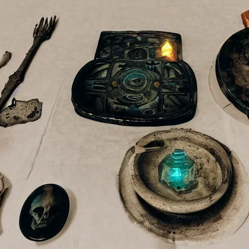 Image similar to alien artifacts laid out on a table, darkly lit, mysterious glow