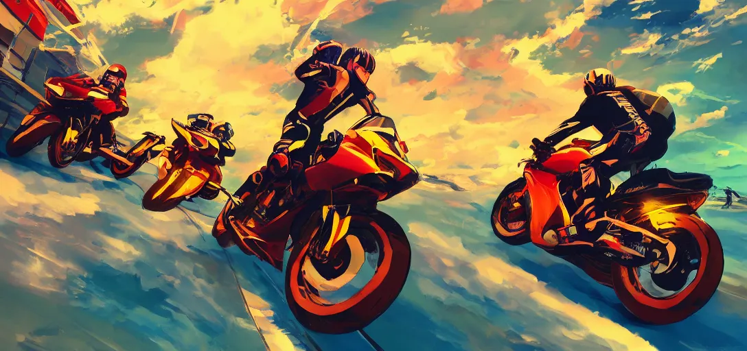 Image similar to motorcycle racing over water, action shot, in the style of makoto shinkai, gritty, bright color hues, high detail