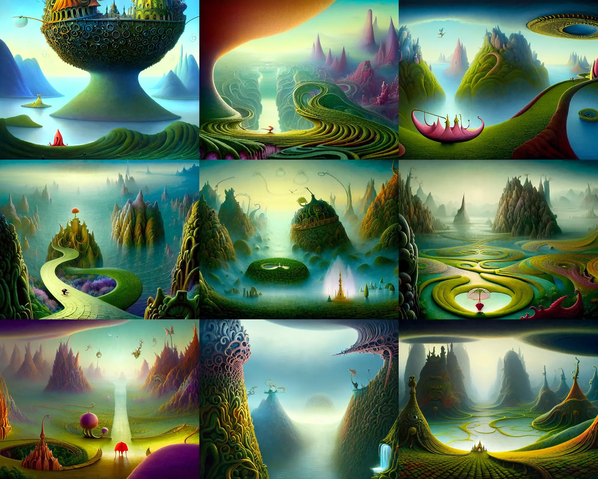 Prompt: a beguiling epic stunning beautiful and insanely detailed matte painting of the impossible winding path through a dream world with surreal architecture designed by Heironymous Bosch, mythical whimsical creatures, mega structures inspired by Heironymous Bosch's Garden of Earthly Delights, vast surreal landscape and horizon by Asher Durand and Cyril Rolando and Andrew Ferez and Jim Burns, masterpiece!!!, grand!, imaginative!!!, whimsical!!, epic scale, intricate details, sense of awe, elite, wonder, insanely complex, masterful composition!!!, sharp focus, fantasy realism, dramatic lighting