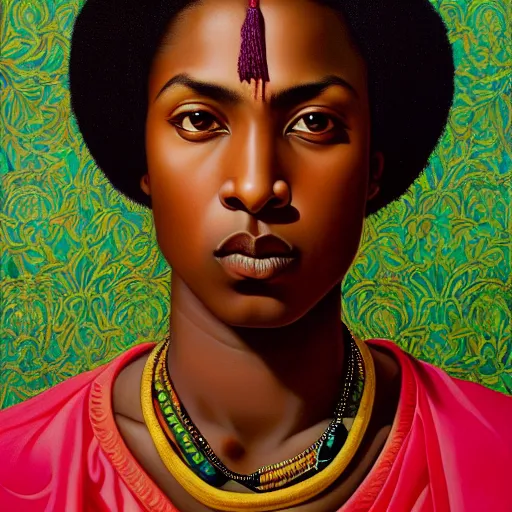 Prompt: A portrait of a slender contemporary and pretty non-binary person, dark skin tone, Indian, oil painting by Kehinde Wiley, majestic, detailed, high resolution