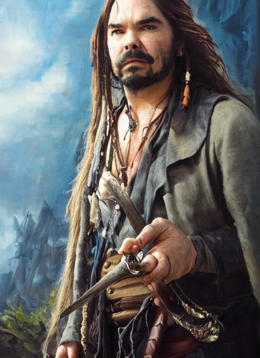 Image similar to a beautiful painting portrait movie poster of Matt Berry in Pirates of the Carribean 6, matte painting, fantasy art, dark but detailed digital art, highly detailed, a masterpiece trending on artstation. Robert Sheehan as a young but messy pirate and layabout in this HD preview poster