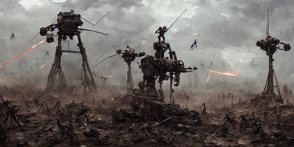 Image similar to war of the worlds, martian tripods attack new york, human soldiers try to counter - attack, intense fighting, digital painting, very detailed, art by jakub rozalski