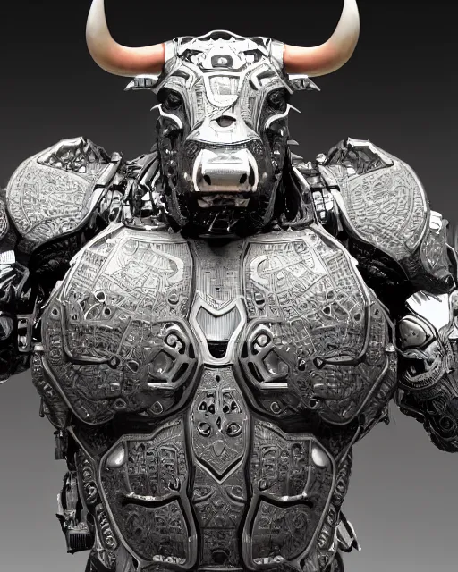 Image similar to a full body shot of an imposing cyborg bull modeled after a bull looking into the camera, contrast lighting, black skin!!!, intricate pattern, hard rubber chest, highly detailed, android, cyborg, full body shot, intricate, 3 d, symmetrical, octane render, fantasy, highly detailed, digital art, artstation, strong bokeh, black face