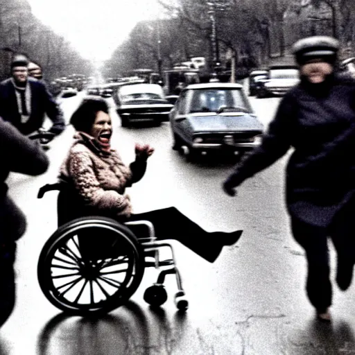 Prompt: Old woman in a wheelchair is chased by the police. photo. 1970.