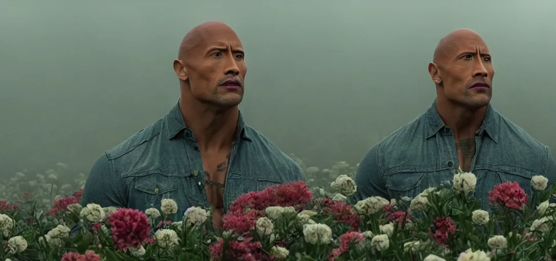 Image similar to dwayne johnson in the shape of a skull surrounded by flowers at dawn, foggy, sun rays, cinematic shot, photo still from movie by denis villeneuve, wayne barlowe