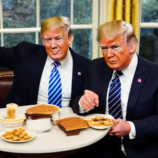 Image similar to photograph of trump and Biden sitting and eating breakfast at a Wafflehouse