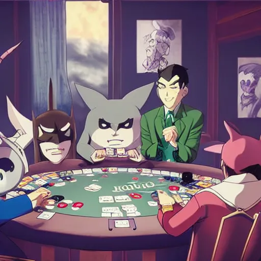 Image similar to joker playing poker with batman, studio ghibli, trending on artstation, high detalied,