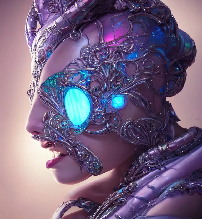 Prompt: iridescent portrait of a beautiful princess in robe. biomechanical mask. bio luminescent biomechanical halo around head. artwork by jarold Sng by artgerm, by Eddie Mendoza, by Peter mohrbacher by tooth wu, unreal engine, octane render, cinematic light, high details, iridescent colors, dichroic, macro, 4l