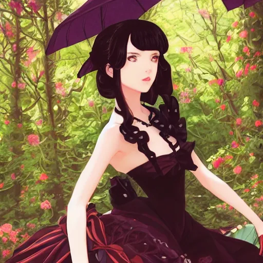 Prompt: portrait of a beautiful girl with dark hair dressed in victorian fashion, royal garden background, rich vivid colors, ambient lighting, dynamic lighting, 4k, official media, anime key visual, makoto shinkai, ilya kuvshinov, rossdraws, detailed, trending on artstation