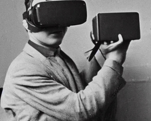 Image similar to 1 9 0 0 s photo of a person wearing a vr virtual reality headset