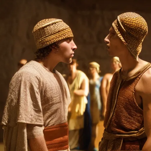 Prompt: cinematic still of 26 year old male in ancient Canaanite clothing meeting 18 year old female in ancient Canaanite clothing, dramatic lighting, establishing shot, high detail, Biblical epic directed by Wes Anderson