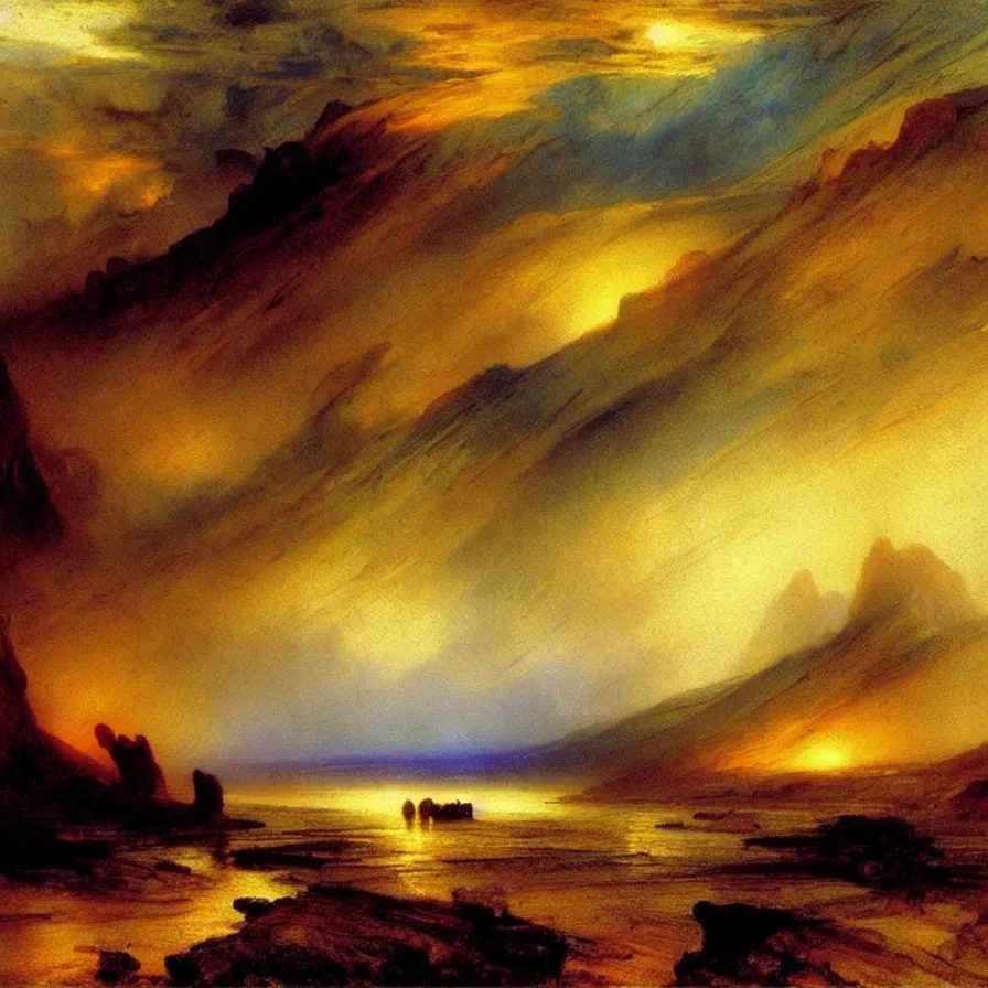 Prompt: atmospheric artwork about a highway to the horizon, painted by thomas moran. earthly tones.