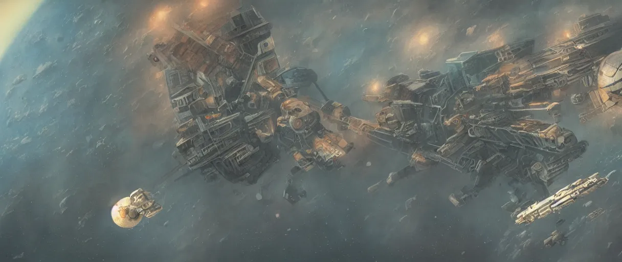 Prompt: concept art, a single spaceship, a ship drifting, deep space exploration, the expanse tv series, industrial design, dynamic angle, motion, spatial phenomena, cinematic lighting, 4k, greebles, widescreen, wide angle, beksinski, sharp and blocky shapes
