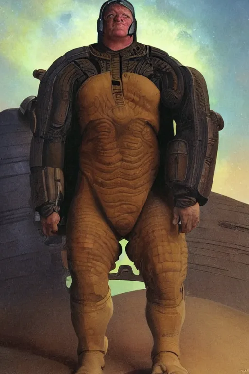 Image similar to upper body portrait of an older brock lesnar wearing a scifi dune stillsuit, nebula in the background, illustration by normal rockwell and greg rutkowski and alphonse mucha