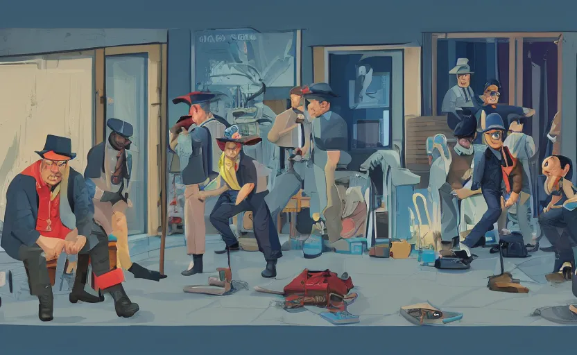 Image similar to a group of village people meet a detective to outside his office house, james gilleard, print, game art